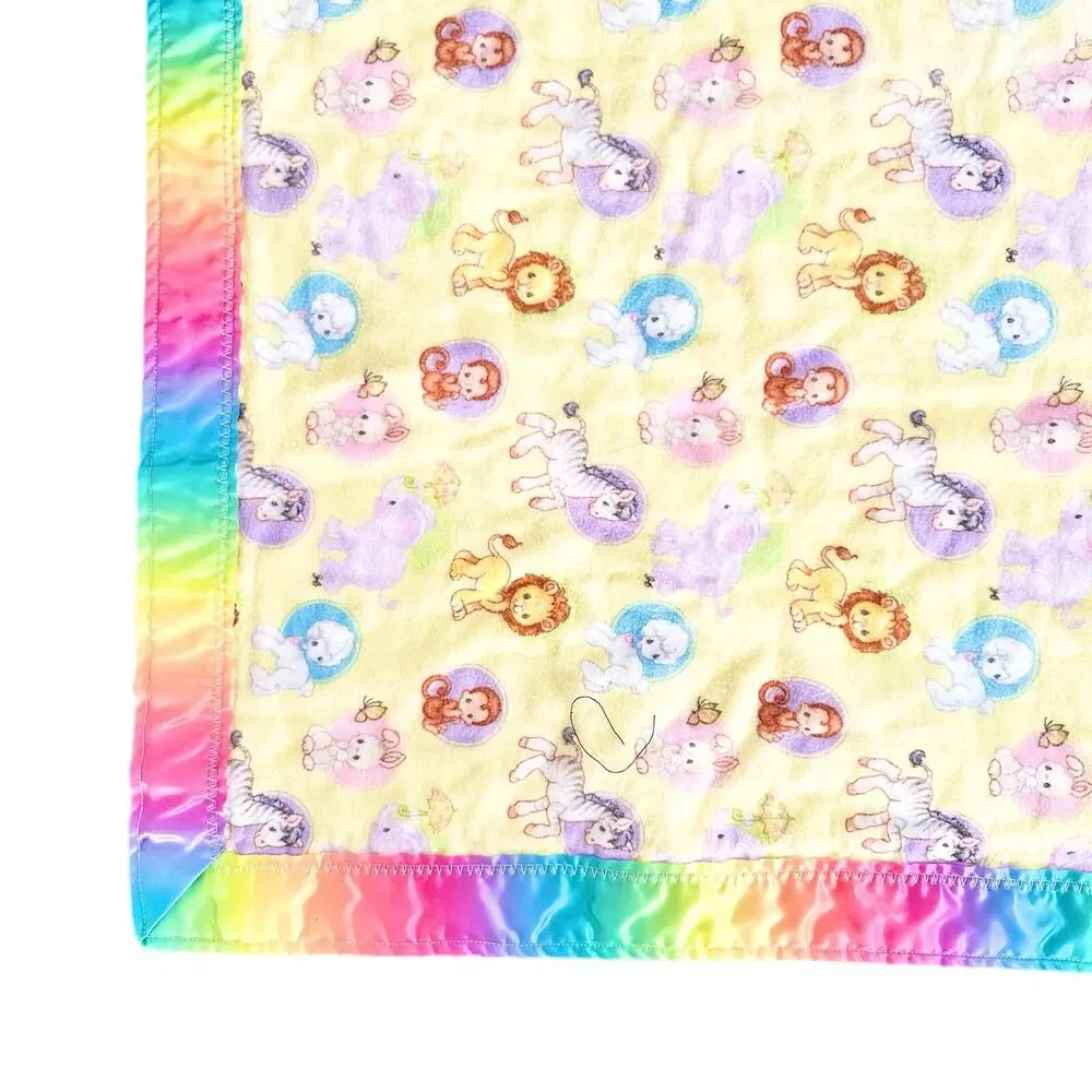 Vintage Handmade Precious Moments Animal Fleece Tie Dye Satin Trim Baby Blanket